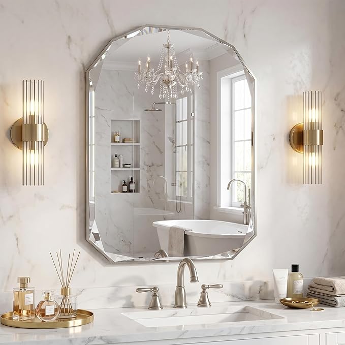 Suidia Bathroom Mirror, 30"x 40" Wall Mirror, Frameless Bathroom Mirror with Beveled Edge for Bedroom, Living Room, Entryway, Hallway, Arched Shape