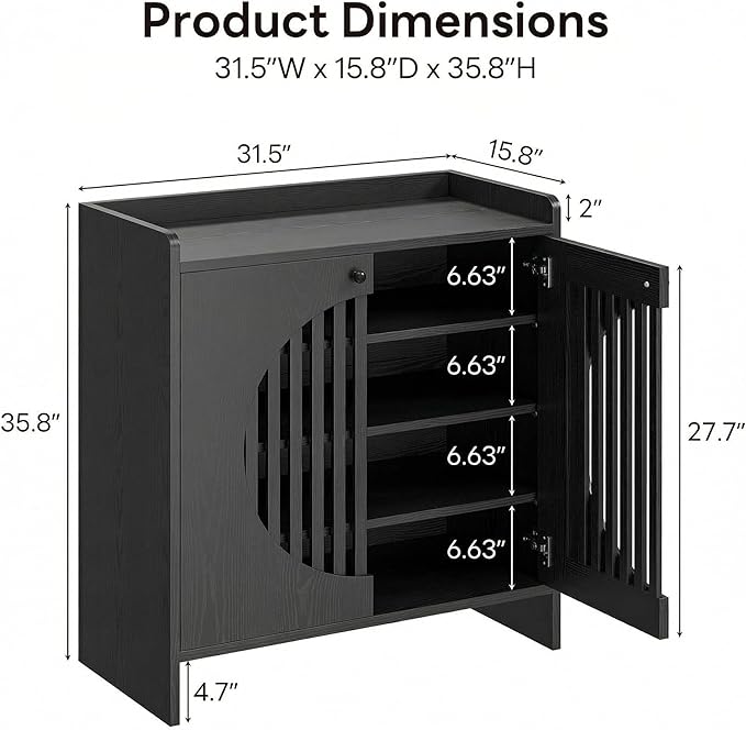 LIKIMIO Shoe Cabinet with Adjustable Shelves, 4-Tier Shoe Storage Cabinet with Slatted Doors, Freestanding Wooden Shoe Cabinet Storage for Entryway, Hallway, Living Room, Black