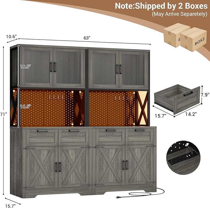 Unikito 71" Tall Kitchen Pantry Storage Cabinet with LED Light & Outlet, 63" Wide Kitchen Hutch Cabinet with Large Countertop, DIY Pegboard and Drawers, Food Pantry for Living Room,Enoch Walnut