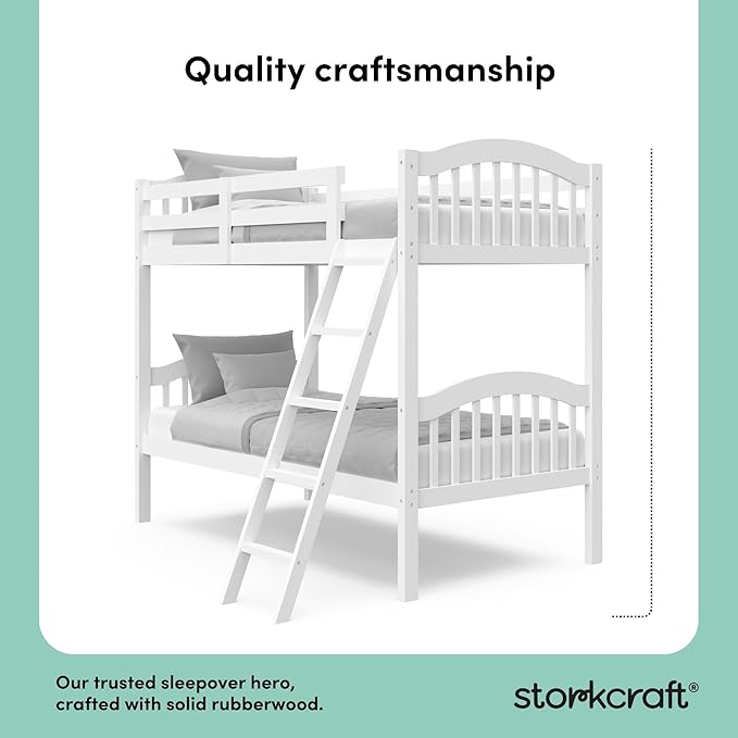 Storkcraft Long Horn Twin-Over-Twin Bunk Bed (White) - GREENGUARD Gold Certified, Converts to Two Twin Beds, Wood Bunk Bed for Kids Bedroom