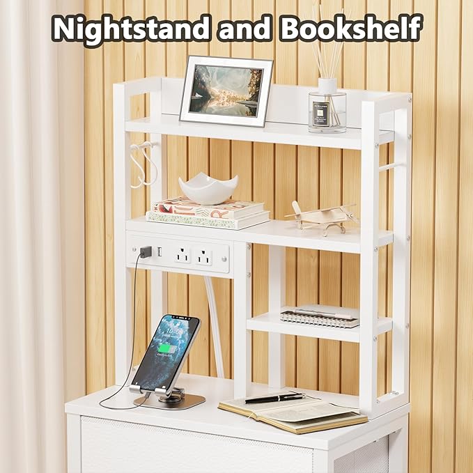 Furnulem Tall Night Stand, 52.1 Inch LED Nightstand with Charging Station and USB Ports, 4 PVC Fabric Drawers and 4 Tier Storage Shelf, Bedside Table for Bedroom, Dorm, Office (White)