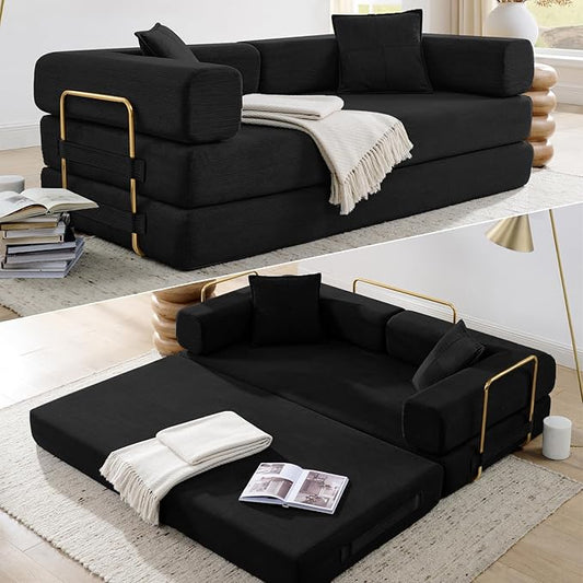 HANXIN 78 Inch Convertible Sleeper Sofa Bed, Folding Floor Mattress Couch with Fixed-Shape Frame, Futon Boneless Couch Lounge Loveseat with Pull Out Bed, No Assembly Required (Black)