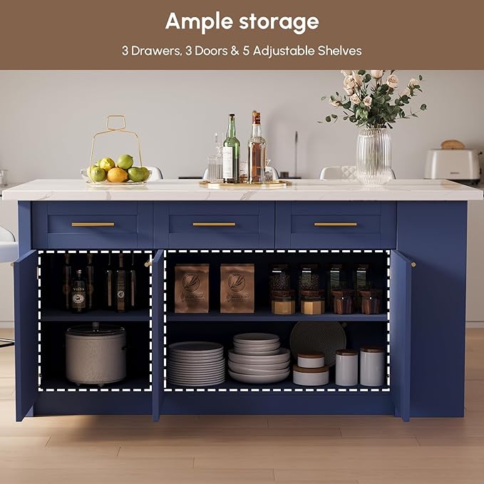 homary 72" Modern Kitchen Island with Storage, White Marble-Effect Engineered Wood Top, Modern Kitchen Table for Dining Room, Blue