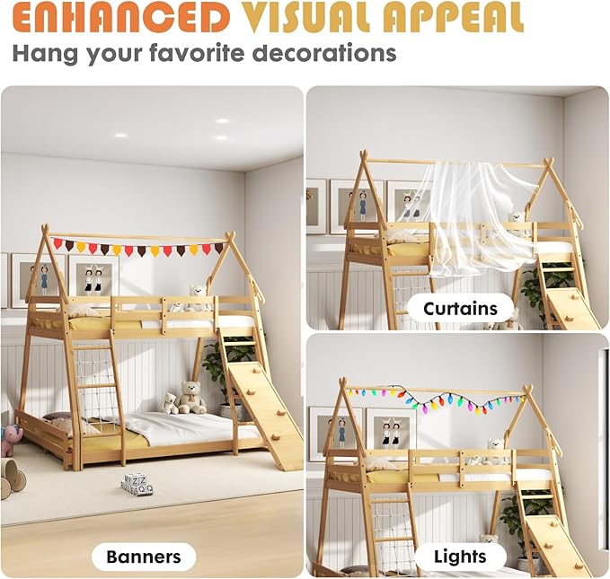 DUMOS Bunk Bed Twin Over Full Size, Wooden House Bunk Bed with Climbing Nets & Ramp, 82'' High Kids Bed Frame for Boys Girls Bedroom, Dorm, No Box Spring Needed
