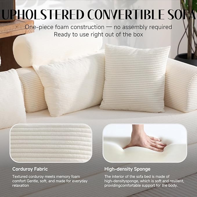 79" Convertible Boneless Couch for Small Spaces, 6-in-1 Corduroy Sofa Bed with High Backrest, Pillows, High-Density Foam Loveseat Sleeper Couch in a Box for Living Room, No Assembly, Beige