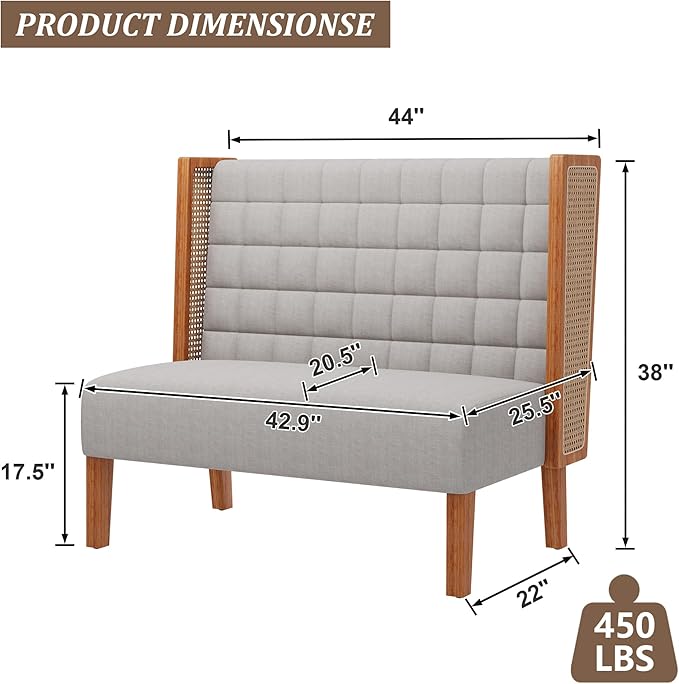 Andeworld Loveseat Settee Bench with Rattan Arms, Upholstered Modern Mini High-Back Sofa Couch,Banquette Dining Bench for Living Dining Room Bedroom Office Small Space Entryway，Grey