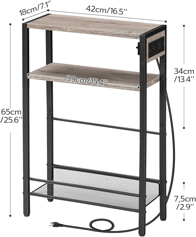 HOOBRO Small Narrow Side Table with Charging Station Set of 2, Skinny End Table for Small Spaces, Slim Nightstand with USB Ports Outlet, Sofa Beside Table with Storage Shelf BG102UBZP201