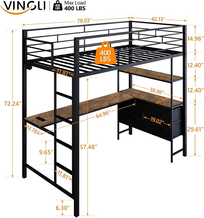 VINGLI Twin Metal Loft Bed Frame with 15 Inches Safety Guardrail, Non-Slip Ladder, 2 Charging Stations, L-Shaped Desk, Storage Shelve, 4 Drawers, LED Lights, for Kids, No Box Spring Needed, Black