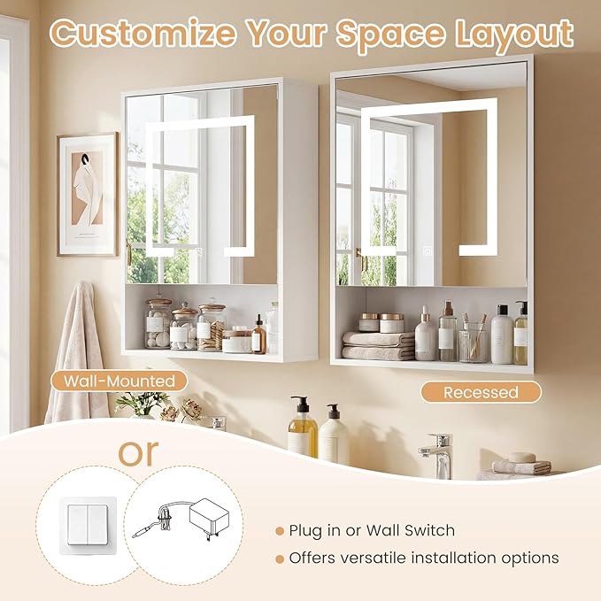 Giantex 24"x18" Medicine Cabinet with Mirror and Lights, Recessed or Wall Mounted LED Bathroom Wall Cabinet, Modern Storage Organizer with 3 Color Lights and Adjustable Shelf (White)