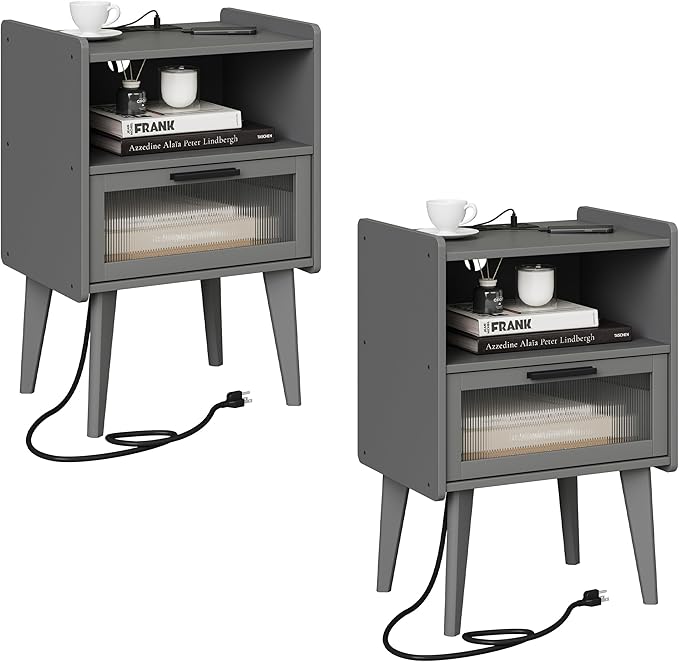 MMEOLUOOK Nightstand with Charging Station, Bedside Tables Set of 2, End Table Side Table with 2 Tiers Storage Space, for Bedroom, Living Room, Grey MLBZ07ZEV-2