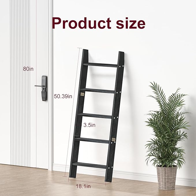 HONEST OUTFITTERS Blanket Ladders for The Living Room, 5-Tier Blanket Holder, Wall-Leaning Blanket Rack, Ladder Shelves, Wooden Quilt Ladder, Farmhouse Decor, Black