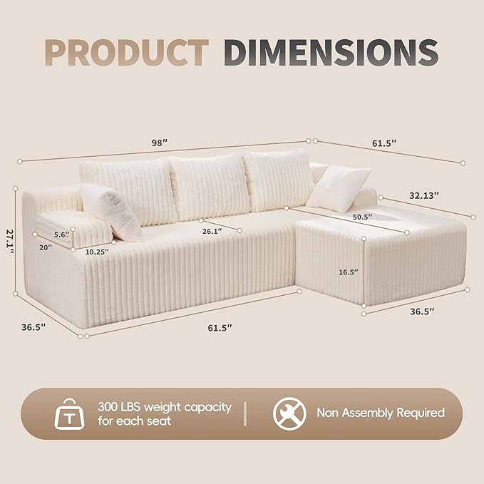 Hobestluk Modular Sectional Sofa Boneless Couch L-Shape Couch 3 Seat Modular Couch Memory Foam Sectional Couches for Living Room Furniture, Cloud Couch Lounge (White Stripe, 98" Right Facing Chaise)
