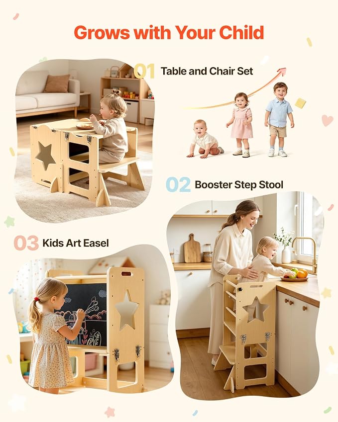 VEVOR 4-in-1 Toddler Kitchen Step Stool, Foldable Learning Standing Tower with Blackboard & Whiteboard, Wooden Kitchen Stool Helper with Detachable Stool, Montessori Table and Chair Set for Ages 1-3