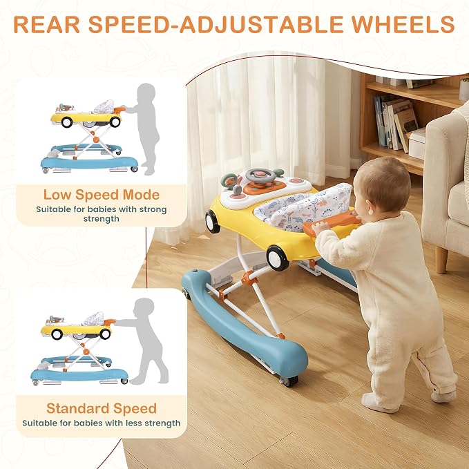 Baby Walker, 5-in-1 Baby Walker for Boys and Girls with Bouncer, Removable Footrest, Music, Foldable & Adjustable Speed Wheels Activity Walker for 6-18 Months Toddler Infant(Yellow Blue)