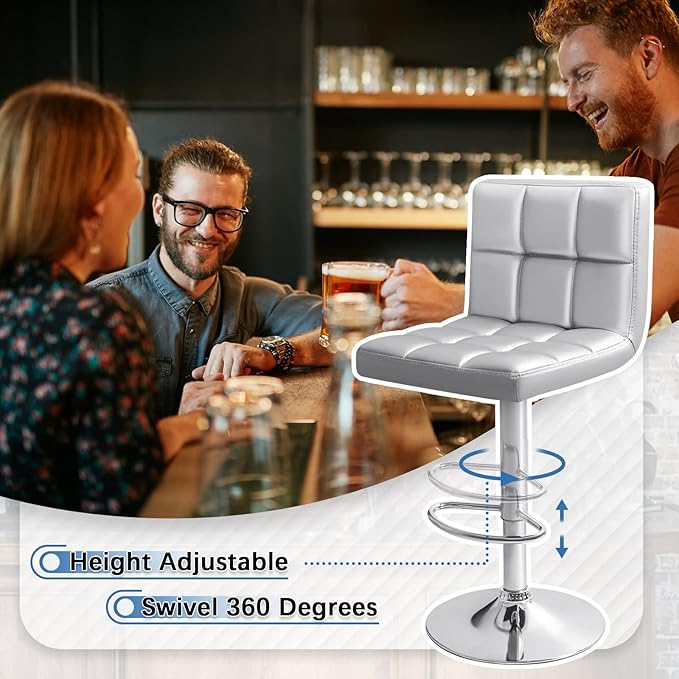 Homall Bar Stools Modern PU Leather Adjustable Swivel Barstools, Armless Hydraulic Kitchen Counter Bar Stool Extra Height Square Island Barstool with Back Set of 2 (Leather, Silver)