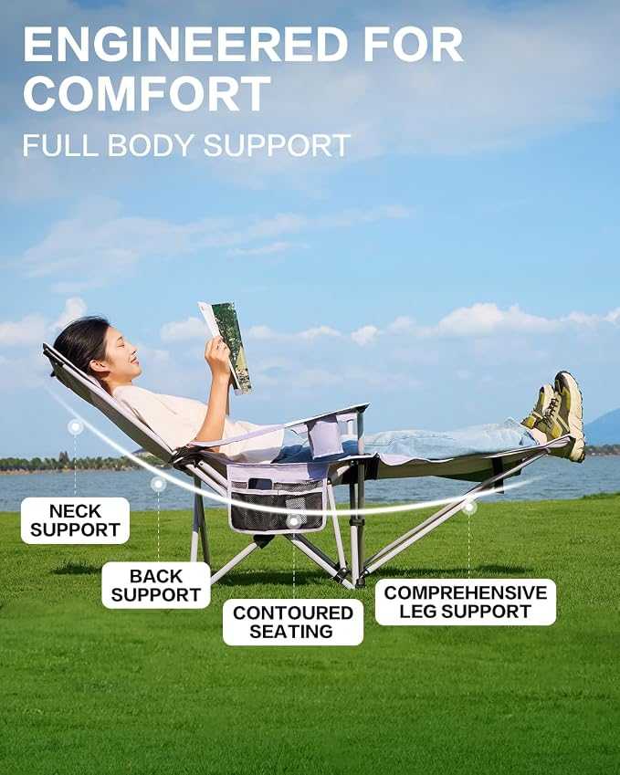 MOBI GARDEN Reclining Camping Chair with Foot Rest, 4-Position Adjustable Folding Lounge Chair for Adults, Portable & Detachable Footrest, Lavender