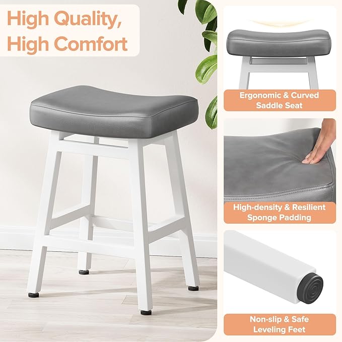 Raynesys Counter Height Bar Stools Set of 3, 24 Inch Barstools for Kitchen Counter, Kitchen Stools with Bonded Leather Saddle Seats & Heavy Duty Metal Legs, Easy Assembly, Gray/White