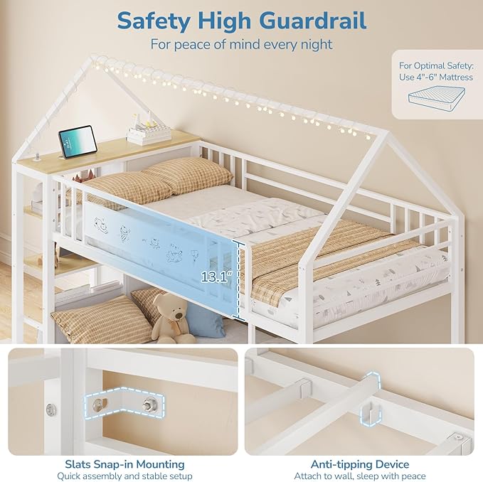 Twin Bunk Bed for Kids with 6 Storage Drawers, Montessori Bookshelf, House Shaped Bed with Globe String Lights and USB Ports, Metal Low Bunk Bed Twin Over Twin with Safety Guardrail and Ladder, White