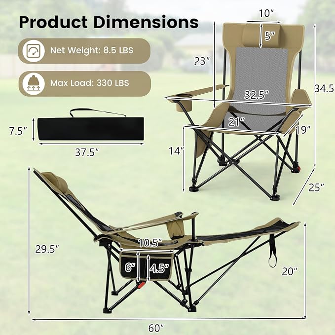 GYMAX Reclining Camping Chairs with Footrest, Lightweight Foldable Camping Chairs with Cup Holders, Adjustable Backrest, Headrest, Heavy Duty Camp Chair for Adult Outdoor Fishing Beach (Khaki,1)