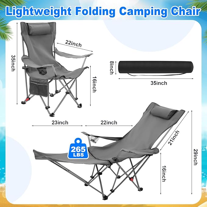 Yuntau 2 Set Reclining Beach Chairs with UPF 50+ Umbrellas Shade, Upgraded Heavy Duty Portable Folding Lounge Camping Chair with Canopy Removable Footrest & Headrest for Outdoor Patio(Grey,Blue)