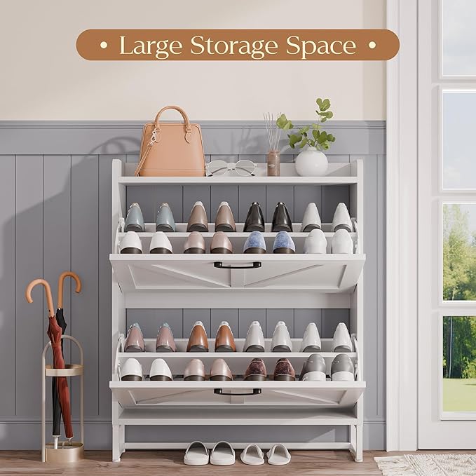 MU Shoe Storage Cabinet for Entryway, Hidden Shoe Cabinet with 2 Flip Drawers, Narrow Shoe Organizer Shoe Rack Cabinet with Metal Legs, White