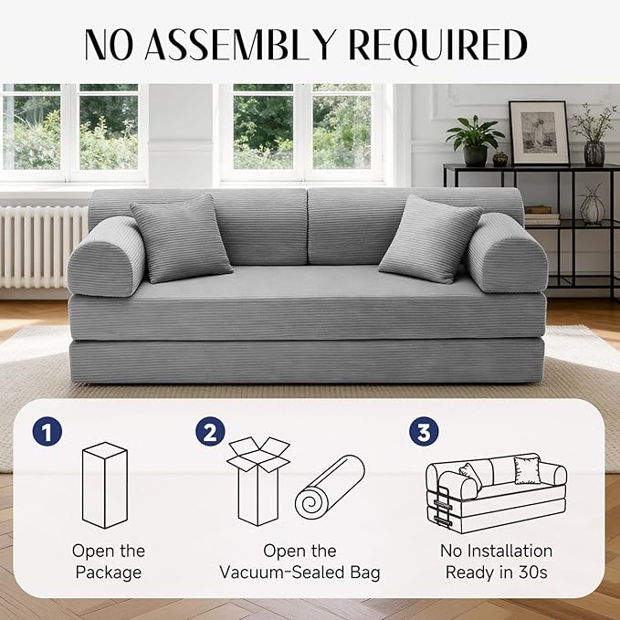78.8" Convertible Sofa Bed with Detachable Arm Pillow, 6-in-1 Sectional Couches for Living Room, Corduroy Boneless Couch, Sleeper Loveseat Couch Bed, No Assembly, Light Gray Couch
