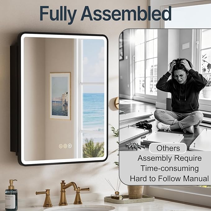 24x30 Inch Medicine Cabinet with Mirror, Recessed or Surface Mount Bathroom Medicine Cabinet with LED Lights, Anti-Fog, Memory Function, Adjustable Shelf, Dimmable Light, ETL Listed, Black,Right Hinge