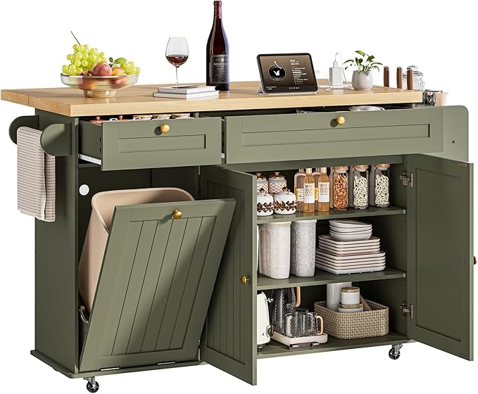 60" Kitchen Island with Power Outlet & Drop Leaf, Kitchen Rolling Island with Spice Rack & Towel Rack, Knife Holder, Kitchen Island Cart with Trash Storage Cabinet, Mobile Island Table for Kitchen