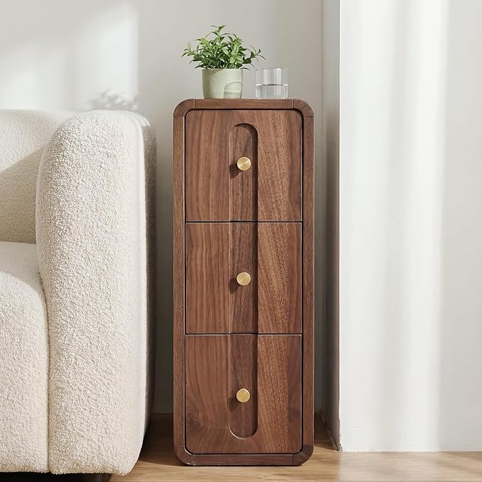 Narrow Nightstand Set of 2, Small Bedside Table with 3 Drawers, Mid Century Modern Skinny Night Stand with Storage, Wood Slim Side Table for Bedroom, Small Spaces, Living Room (Walnut-2pcs)