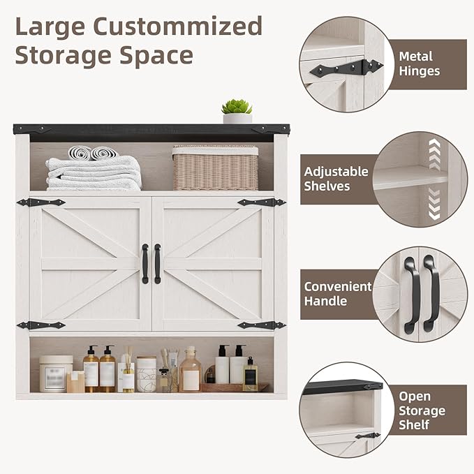 Bathroom Wall Cabinet, Farmhouse Medicine Cabinet with Adjustable Shelves and 2 Barn Doors, Wall Mounted Over the Toilet Storage Cabinet for Bathroom, Laundry Room, Kitchen, Rustic White and Black