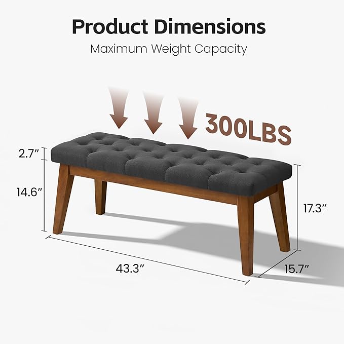 43.5" Upholstered Bedroom Bench, Linen Entryway Bench with Solid Wood Legs, End of Bed Bench with Cushion, Tufted Button Dining Bench for Living Room, Bedroom, Hallway, Dark Grey