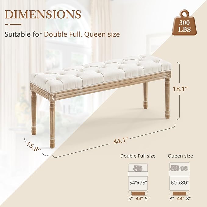 LUE BONA 44" Bedroom Bench, Fabric End of Bed Bench, Upholstered French Tufted Ottoman Bench with Carved Wood Legs for Bedroom End of Double Full Queen Size Bed, Living Room, Beige