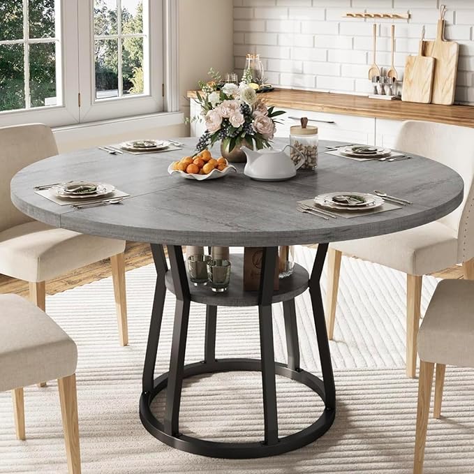 GarveeHome 47 in Inch Round Dining Table for 4, Farmhouse Dining Room Circle Dinner Table,Space Saving Wood Kitchen & Dining Room Furniture, Round Tables with Storage and Metal Legs, Grey (Only Table)