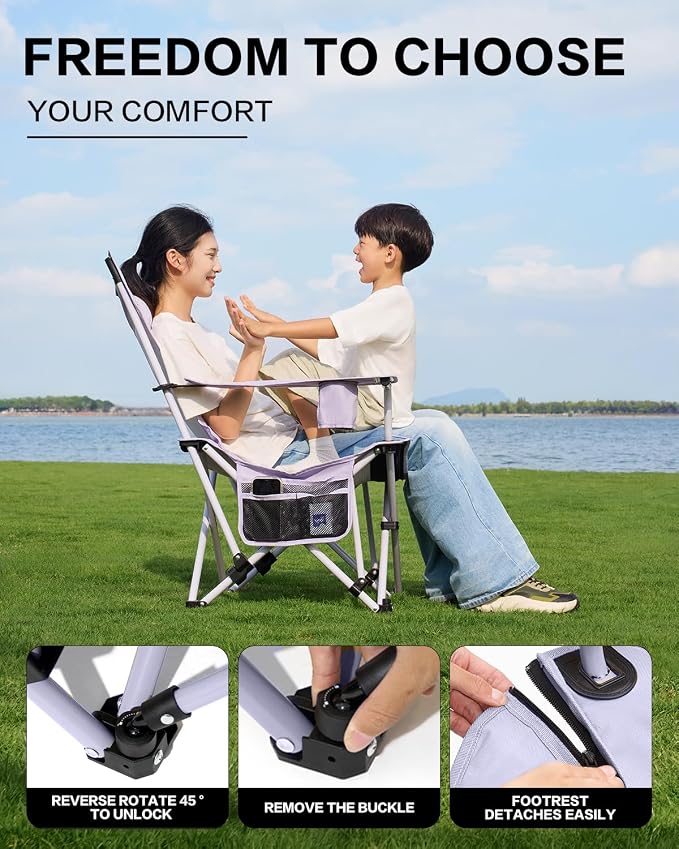 MOBI GARDEN Reclining Camping Chair with Foot Rest, 4-Position Adjustable Folding Lounge Chair for Adults, Portable & Detachable Footrest, Lavender