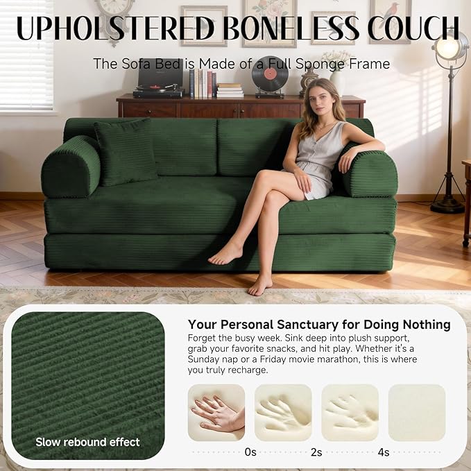 78.8" Convertible Sofa Bed with Detachable Arm Pillow, 6-in-1 Sectional Couches for Living Room, Corduroy Boneless Couch, Sleeper Loveseat Couch Bed, No Assembly, Green Couch