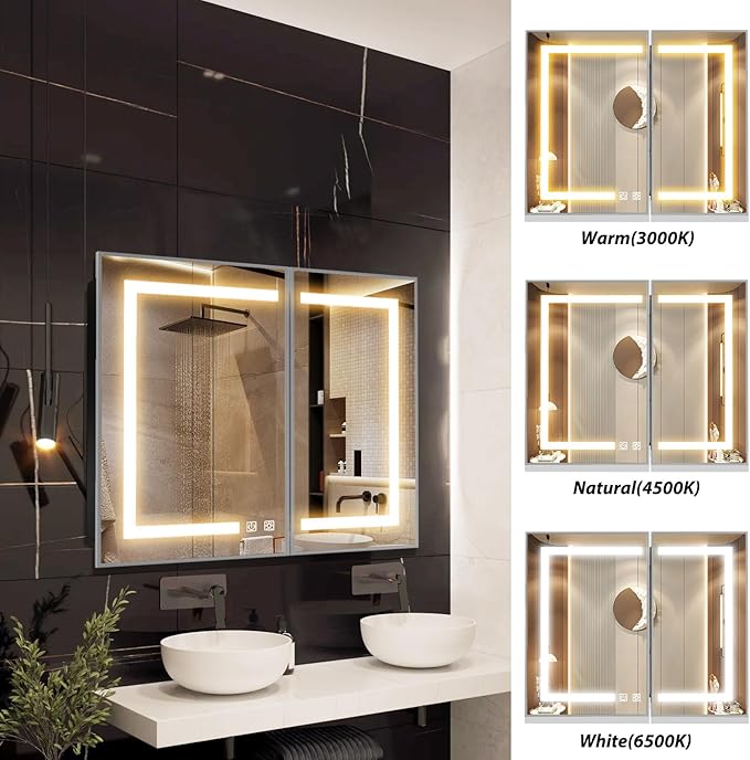 APRILSOUL 36x30 Inch Lighted Bathroom Medicine Cabinet with Mirror, Silver Recessed or Surface Mount Medicine Cabinet Mirror with Storage and LED Lights, 3 Colors Temperature, Dimmable Light