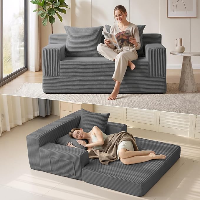 Erament Convertible Sofa Bed, Loveseat Folding Floor Futon Sleeper Sofa Couch Bed- Boneless Foldable Couch, Corduroy Pull Out Sofa Bed with 2 Pillows for Living Room & Bedroom