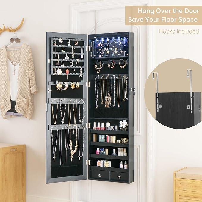 8 LED Lights Jewelry Armoire with Mirror - 47.3” H Mirror Jewelry Cabinet Door Hanging/Wall Mounted Mirror with Storage And 2 Drawers Black