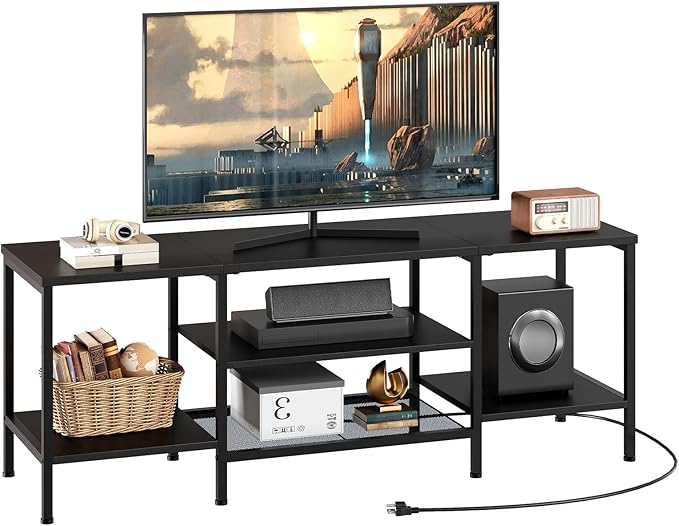 HOOBRO TV Stand with Power Outlets to 65 Inches, TV Console Table with Open Storage Shelves, Industrial Media Entertainment Center for Living Room Bedroom, Black BB40DS01