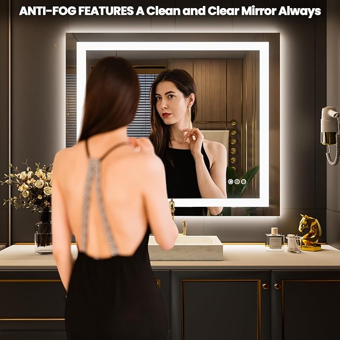 LOAAO 40"x34" LED Bathroom Mirror with Lights, Anti-Fog, Dimmable, Backlit + Front Lit, Lighted Bathroom Vanity Mirror for Wall, Memory Function