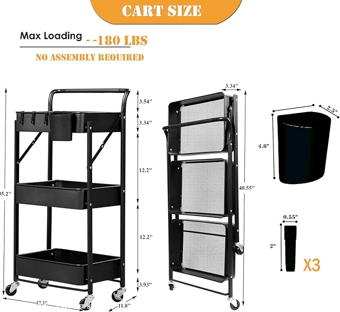 Foldable Rolling Cart 3 Tier Utility Storage Cart No Assembly Metal Heavy Duty Kitchen Carts Folding on Wheels Trolley Organizer Cart with Cup and Hooks for Office/Classroom/Dorm(Black)