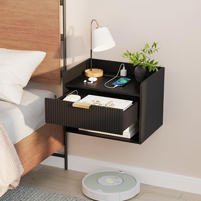 Arbuxzuy Floating Nightstand with Charging Station, Modern Wall Mounted Bedside Table with Drawer & Open Shelf, Minimalist Wooden Night Stand for Bedroom (Black)