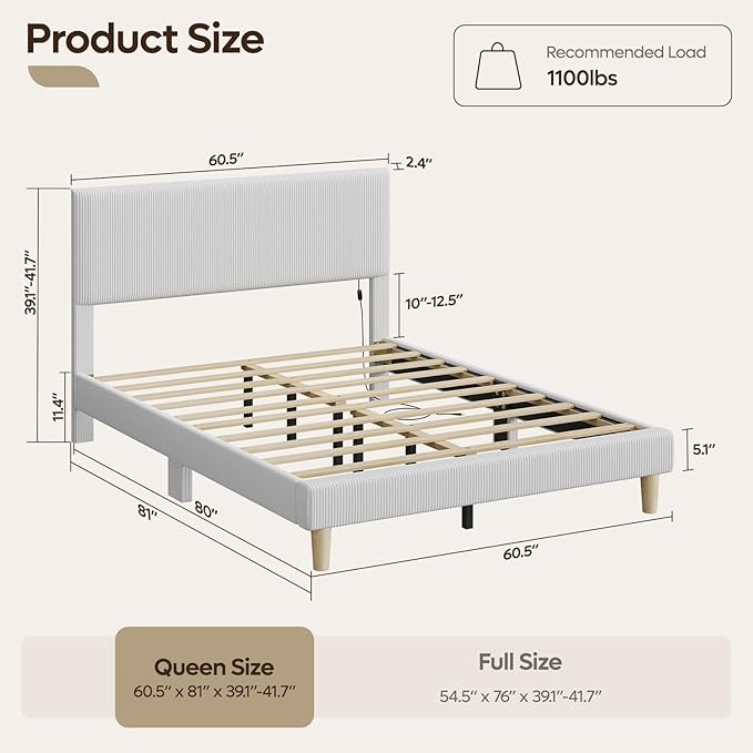 Bestier Queen Size Bed Frame with Headboard, LED Lighting, Vertical Channel Tufted Corduroy Upholstered, Solid Wooden Slat Support, No Box Spring Needed, Never Squeak, Easy Assembly, Light Grey