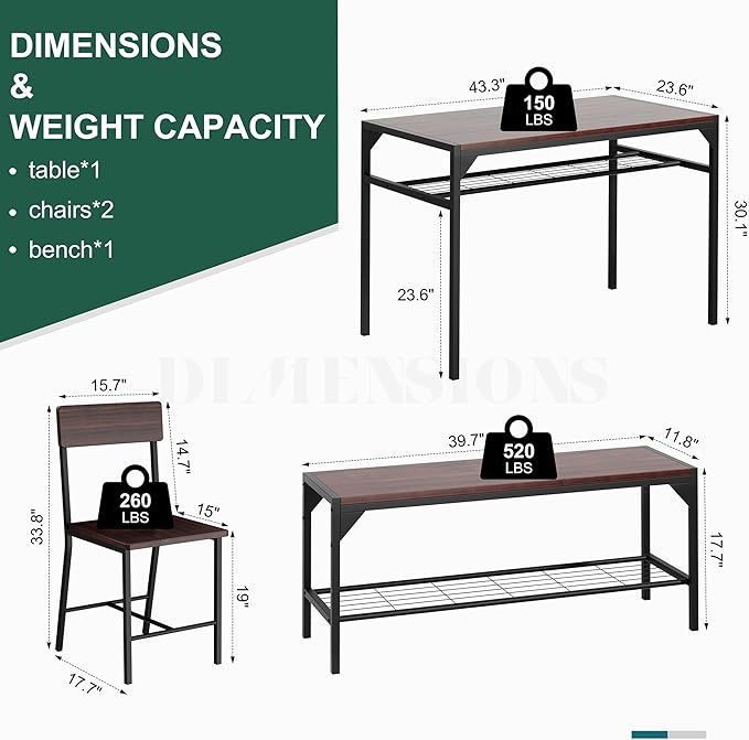 Shintenchi Kitchen Table Chairs Set of 4, Dining Table Set for 4 with Bench and Chairs, 4 Pieces Kitchen Table Set with Storage Rack & Metal Frame for Small Space, Dark Walnut