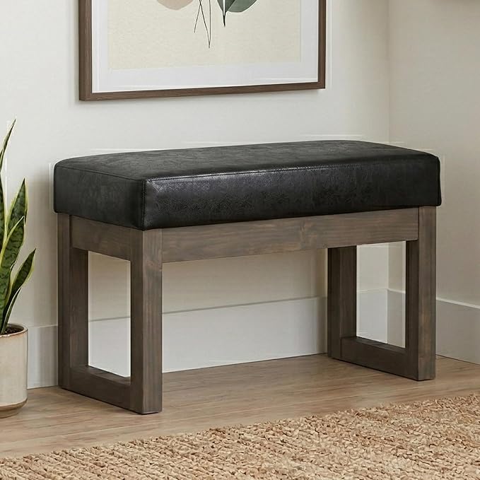 SIMPLIHOME Milltown Small Ottoman Bench - 27" Wide x 18" High Upholstered Vegan Leather Rectangle Footstool Ottoman in Distressed Black, Contemporary Bench for Bedroom with Cushioned Seat, Assembled