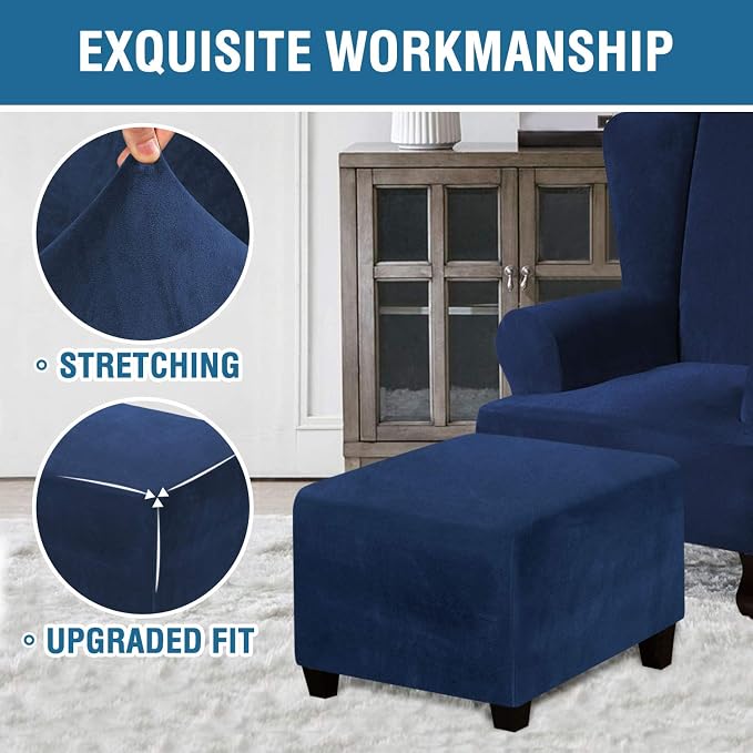 H.VERSAILTEX Square Ottoman Covers Ottoman Slipcover Square Footstool Protector Covers Storage Stool Ottoman Covers Stretch with Elastic Bottom, Feature Real Velvet Plush Fabric, Navy