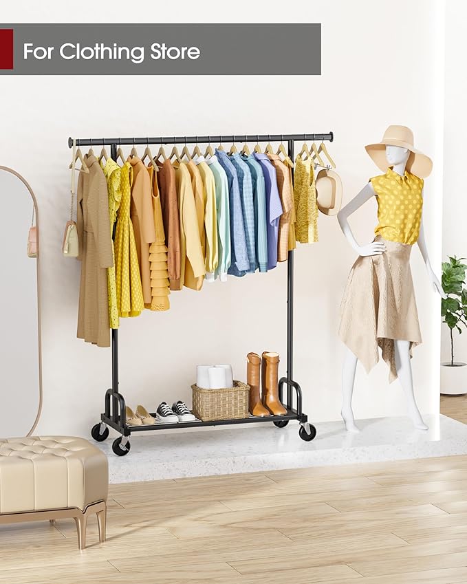 Sakugi Clothes Rack - Large-Capacity Clothing Racks for Hanging Clothes with Lockable Wheels, Space-Saving Metal Coat Rack for Bedroom, Laundry Room, Entryway, 45.6" x 16.9" x 59", Black