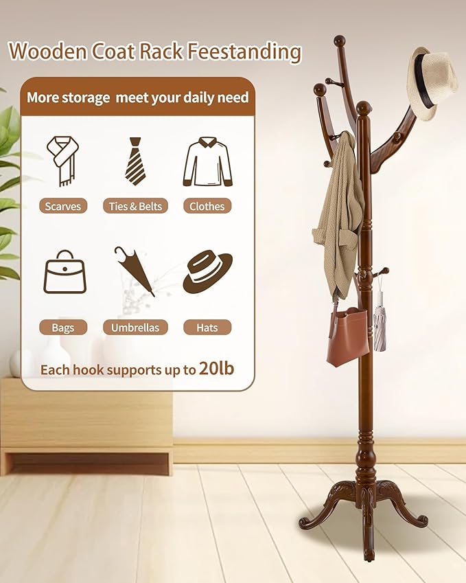 Wooden Coat Rack Freestanding, Solid Wood Coat Rack Stand with 13 Hooks, Mid-Century Modern Heavy Duty Coat Racks,Walnut Brown Standing Coat Jacket Hanger Clothes Tree Stand for Corner, Office