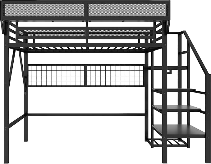 KEIKI Full Size Metal Loft Bed Frame with Grid & Staircase & Built-in Storage Shelves & Wardrobe, Modern Loft Bed with Solid Slat & Guardrail, No Box Spring Required, Easy Assembly, for Bedroom, Black
