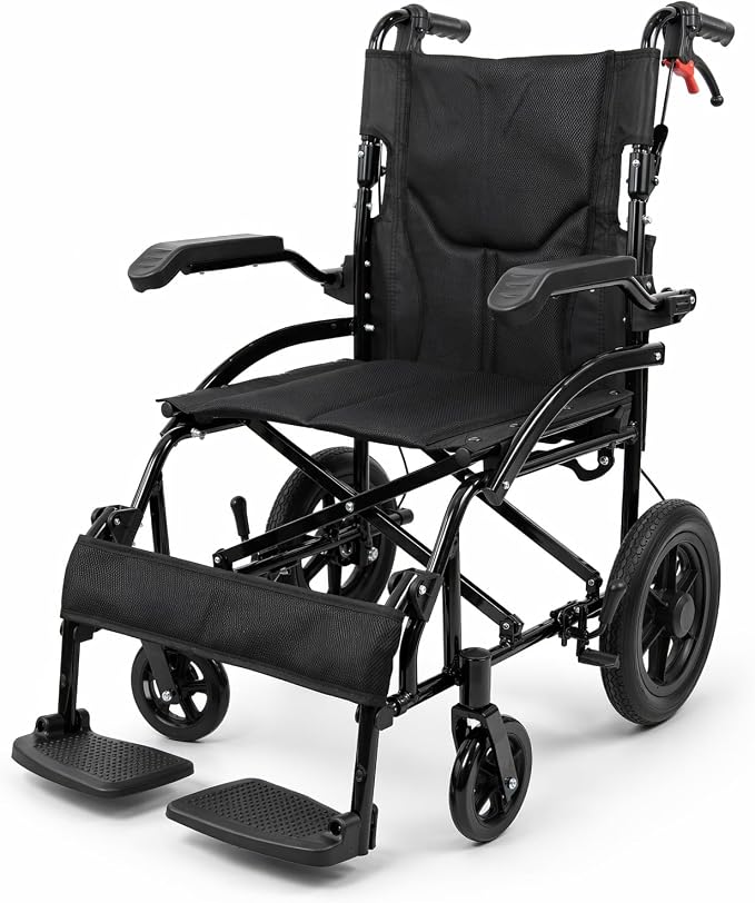 IDEALHOUSE Lightweight Foldable Transport Wheelchair for Adults, with Flip Back Armrests, Swing Away Footrests, 6” PVC Front & 12” PU Rear Wheels, Aluminum Frame, Ideal for Travel
